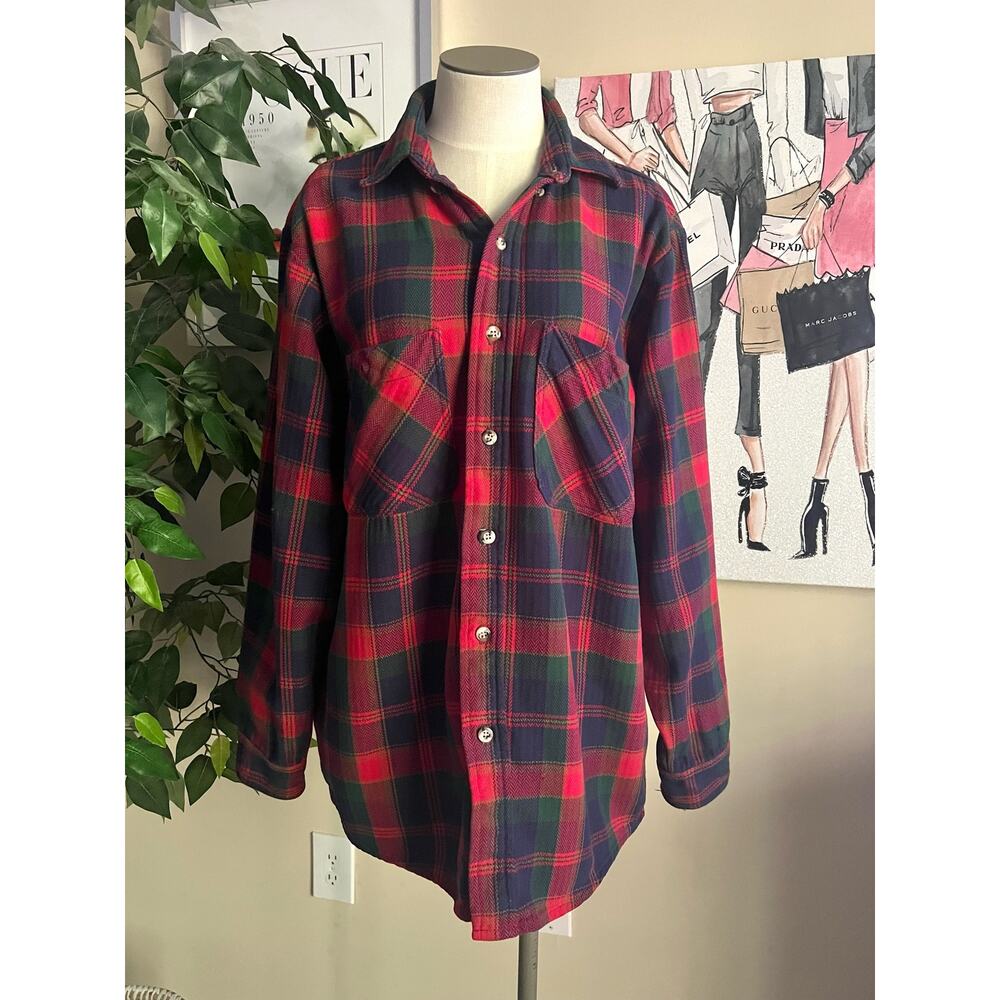 OshKosh Mens Vintage 80s Tartan Plaid Heavyweight Flannel Button Up Shirt Sz M